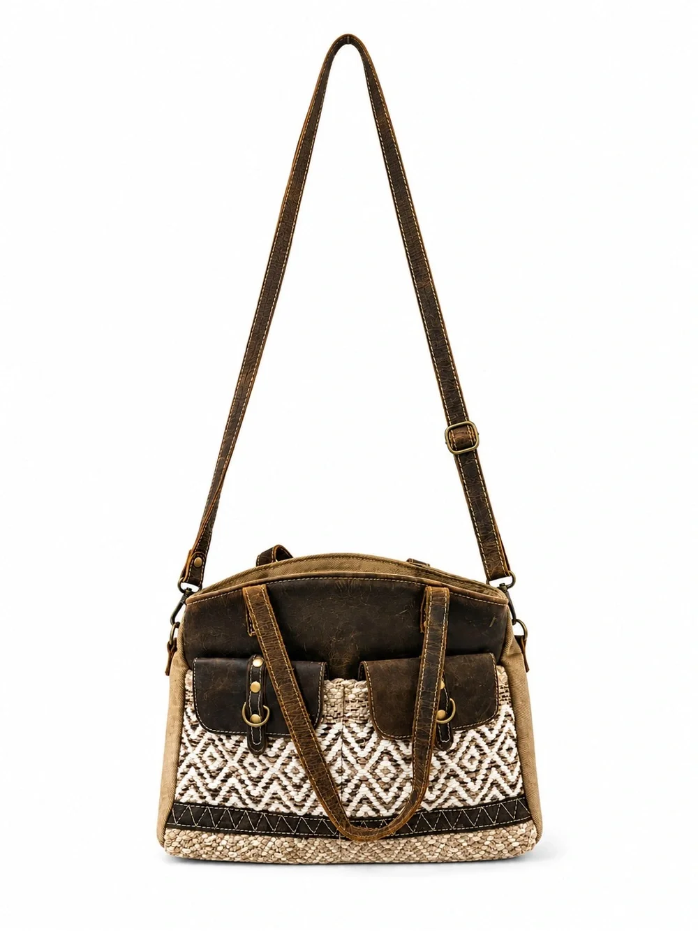 Myra Cherish Tote Brown Leather Canvas Woven Crossbody Shoulder Bag